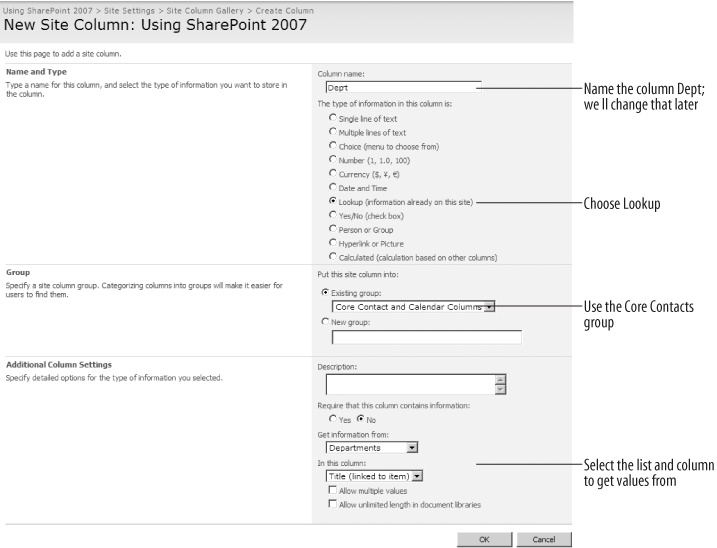 Creating a custom site column using a lookup from the Departments table