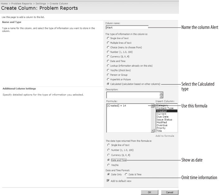 Create an Alert column that calculates the date two weeks after the problem is reported