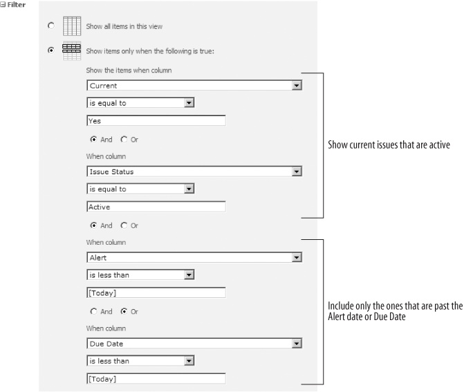 The filter settings for the Alert view