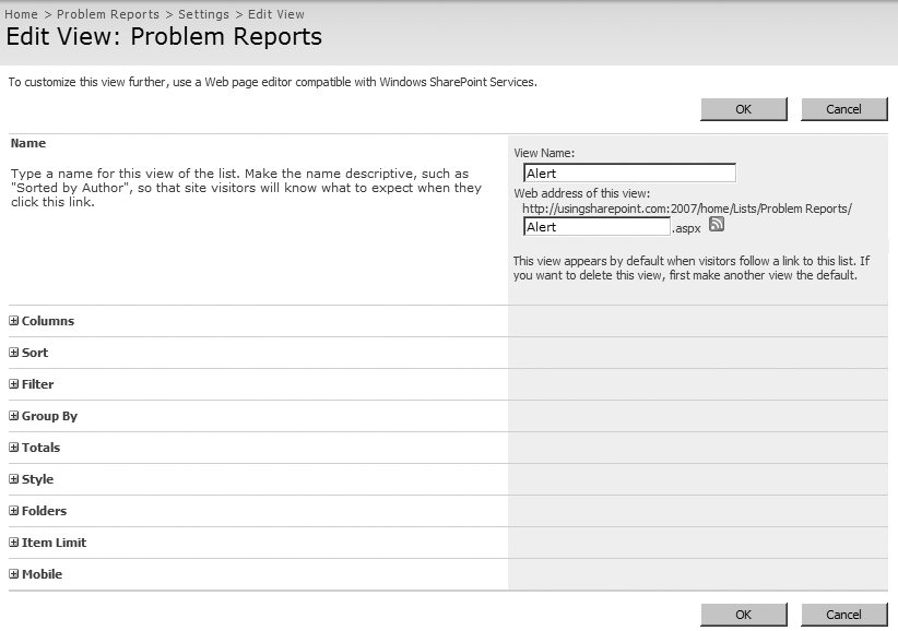 View settings are organized into sections