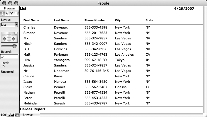 This “Columnar list/ report” layout shows several people at a time in a space-efficient form. FileMaker plugs in header and footer data, plus column headings automatically when you create the layout. (You’ll find out how to adjust all these settings on .)