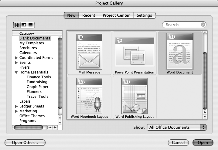 The Project Gallery opens automatically when you first launch Word. When you wish to open another new document, just open the Project Gallery again by choosing File → Project Gallery or pressing Shift-⌘-P. Use the three buttons in the upper-left corner to switch between icon view, list view, and list view with preview.