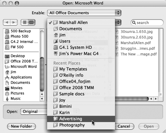 The fastest way to use Mac OS X’s Open dialog box is to take advantage of the folder selection menu. It lists the folders you’ve been using recently as well as a quick way to hop to the desktop or your Home folder. Because Word 2008 can open so many different document formats, leave the Enable pop-up menu set to All Documents so you can take, say, a plain text document and open it in Word—and take advantage of all Word’s powerful features.