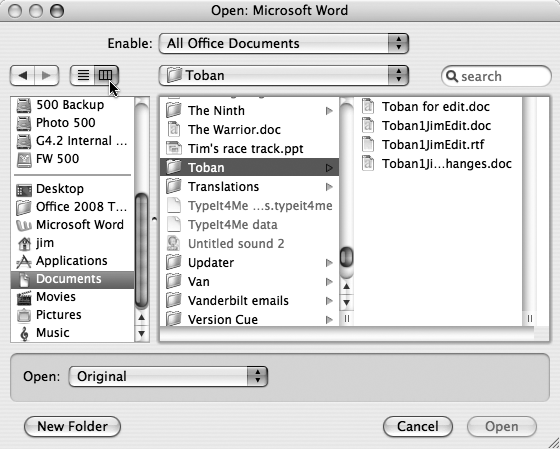 You can change the way you navigate the Open dialog box by clicking the List View and Column View buttons. The list view displays the contents of folders below the selected folders, while column view has two or more panels. When you click a folder in one column, its contents are displayed in the column to the right.