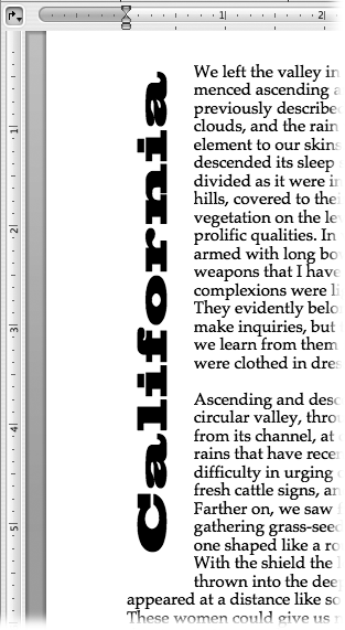 Choosing Format → Text Direction or using the Orientation buttons in the Formatting Palette’s “Alignment and Spacing” pane, lets you create eye-catching mastheads like this one. You can make text read top to bottom, bottom to top, or back to normal. (You can’t turn text upside down.) Use this trick for creative layout effects for newsletter mastheads or letterheads, or for creating those tear-off tabs on the bottom of your lost-kitty poster.