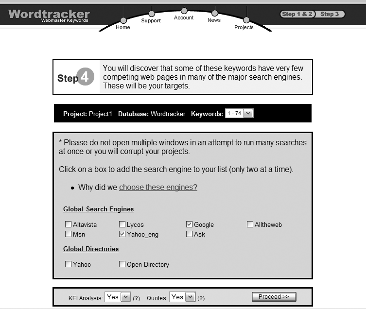 Choosing search engines to target for competitive analysis of keywords in Wordtracker