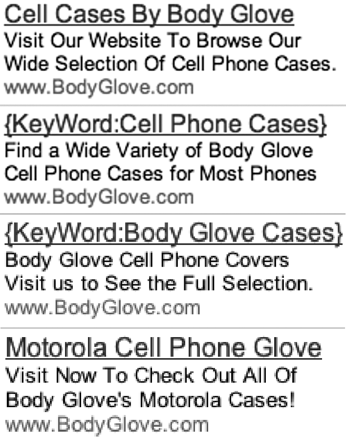 Four baseline ads for variations on “cell phone cases”