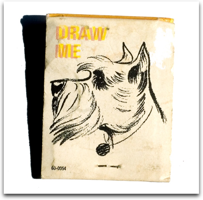 Matchbook cover with a picture of a dog and "Draw Me!"