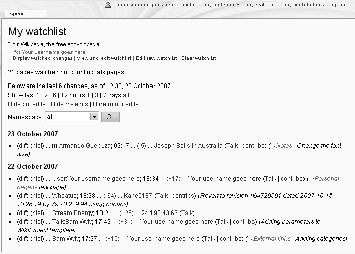 The standard watchlist report starts out in the “Display watched changes” view shown here. The number of edits listed is quite short, because this editor is watching only 21 pages, and because the watchlist report is set to show only the last 3 days of edits. (But you can change that setting; see .)