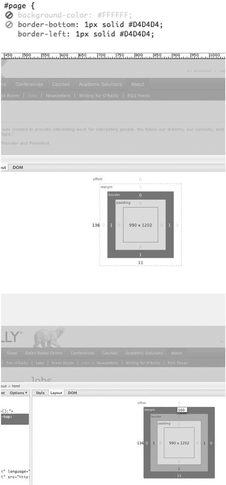 Top: disabling elements; middle: Firebug's Layout ruler; bottom: manipulate the layout of a DOM element's margin, or anything else for that matter (this example shows the upper margin being changed to 100px)