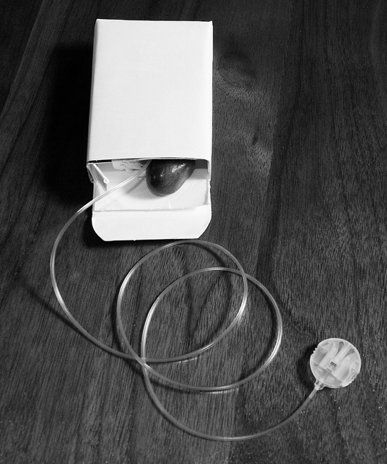 A simple prototype of an insulin pump made from a cardboard box and plastic tube, filled with batteries and rocks to approximate weight.