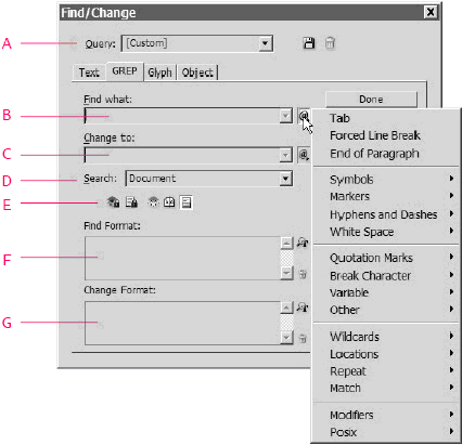 The GREP tab of the Find/Change dialog box