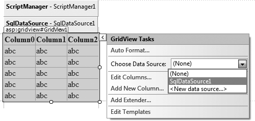 The Smart Tag of the GridView control lets you select the data source you want to use.