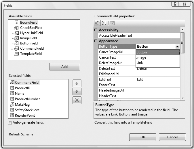 Click the Smart Tag of the GridView, then click Edit Columns to get this Fields dialog box, where you can select and edit the columns in the GridView. Here, the CommandField button type is being changed.