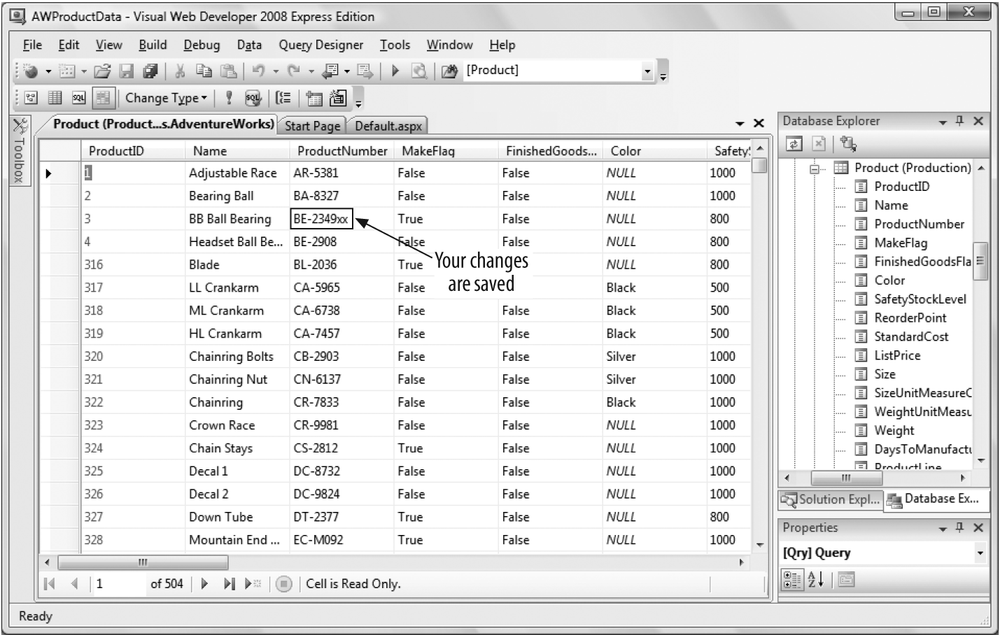 If you view the table in the database after editing it in the GridView, you’ll see that the changes have been saved.