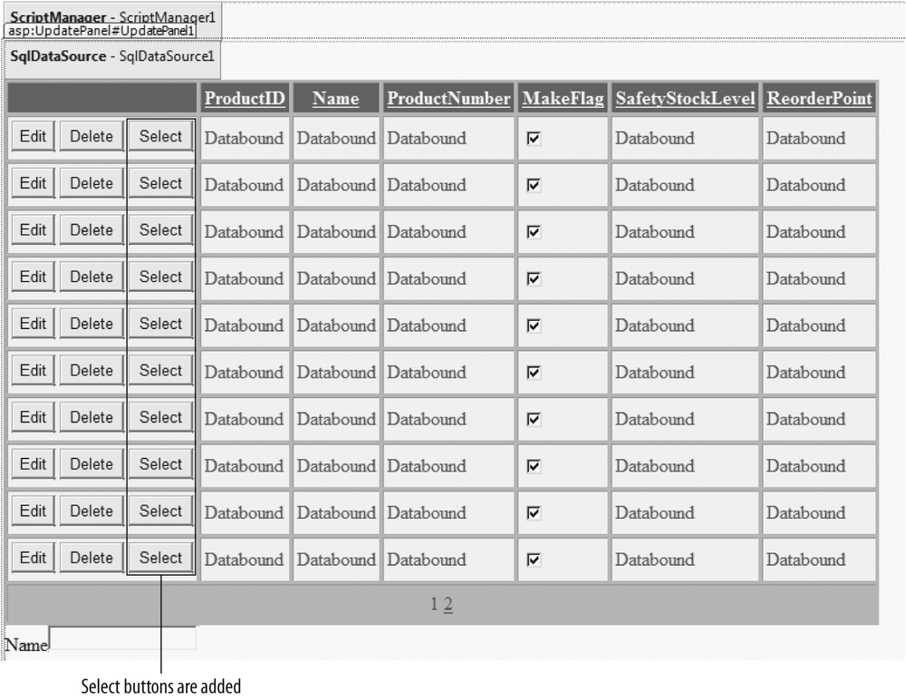 Clicking Enable Selection in the Smart Tag causes Select buttons to appear in a GridView.