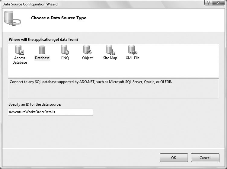 You’re creating a new data source control this time, instead of using one you’ve already placed on the page. Select Database as the type, and name it AdventureWorksOrderDetails.