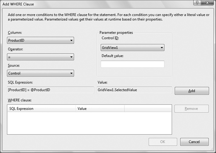 Add a WHERE clause to your SELECT statement with the Add WHERE Clause dialog. You select the column, the operator, and the source here.