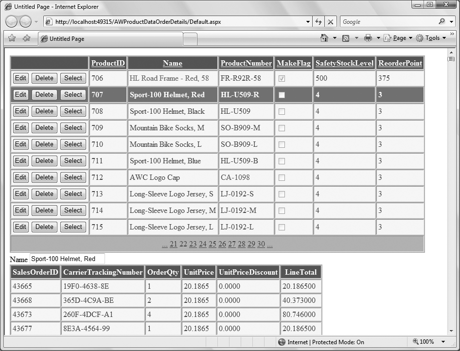 When you select a product in the first grid, the order details appear below in the second grid.