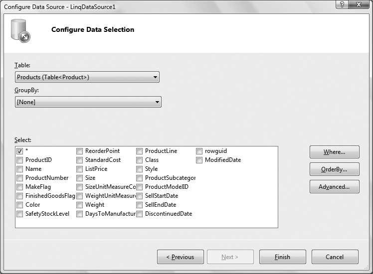 To select all the fields of a table, check the asterisk.