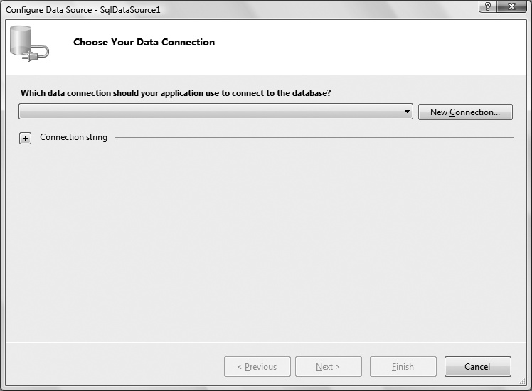 To configure your DataSource control, you need to provide it with a data connection. You can choose a preexisting connection from the list (if you have previously created any for this web site), or create a new data connection by clicking the New Connection button.