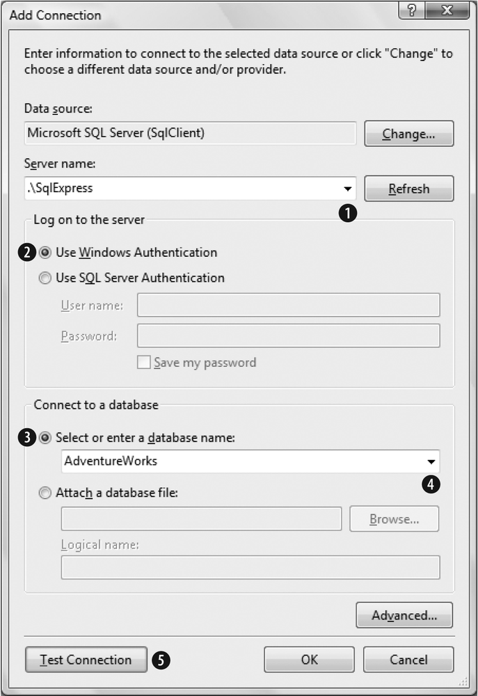 The Add Connection dialog is where you specify a new connection for your data source. Select the server, the logon credentials, and finally the database you want to use.