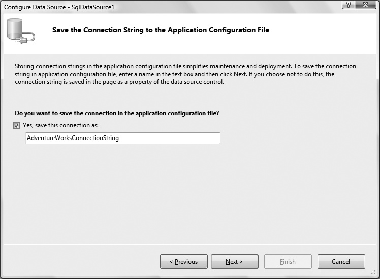 It’s a good idea to save the connection string in the application’s web.config file, so you can use it again with other controls.