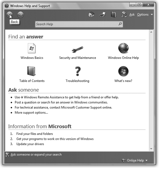 The Back, Forward, Home, and Search controls on the Help system’s toolbar may look like the corresponding tools in a Web browser, but they refer only to your travels within the Help system. Other buttons at the top let you print a help article or change the type size.