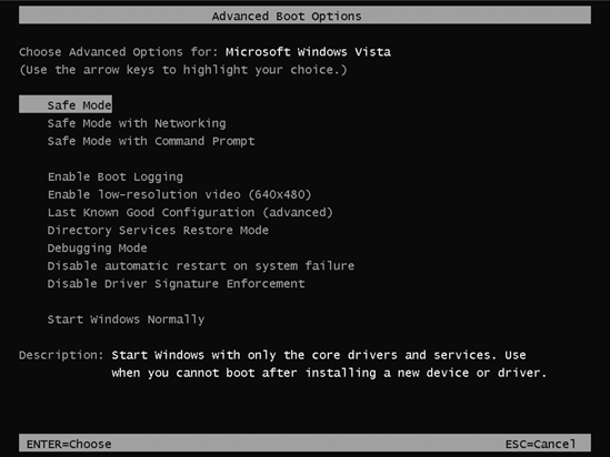 Let’s hope you never need to see this screen. It’s the Advanced Boot Options screen—a graphically uninteresting, but troubleshootingly critical starting point. To make a selection, press the up or down arrow keys to walk through the list. Press Enter when you’ve highlighted the option you want.