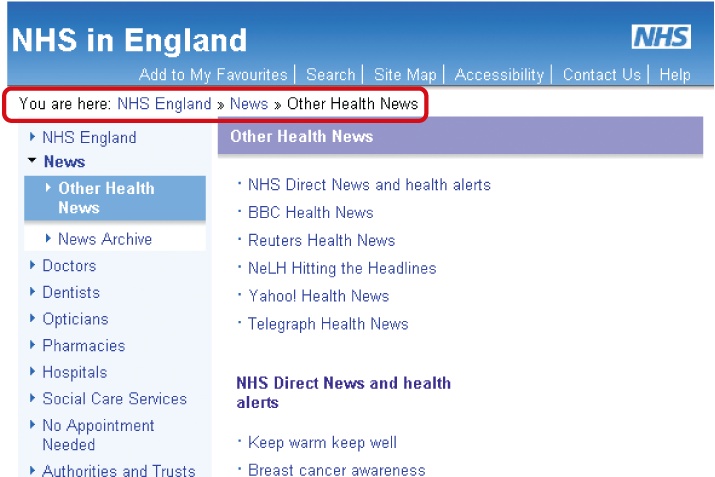 Location breadcrumb trail on the NHS web site beginning with "You are here"