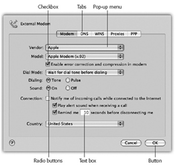 Mastering Mac OS X involves knowing what things are called, especially the kinds of controls you find in dialog boxes.Note, by the way, that the dialog-box subdivisions once called tabs are still called tabs, even though they no longer resemble file-folder tabs.