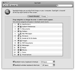 Here's where you can specify what categories of icons you want Spotlight to search, which order you want them listed in the Spotlight menu, and what keystroke you want to use for highlighting the Spotlight bar.