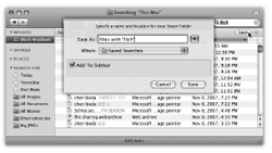 Mac OS X can preserve your search as a smart folder listed in the Sidebar (lower left)—at least, it does as long as "Add To Sidebar" is turned on. You can stash a smart folder in your Dock, too, although it doesn't display a stack of its contents, as normal folders do.