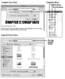 Top: The Save dialog box, or sheet, often appears in its compact form.Right (inset): If you open the Where pop-up menu, you'll find that Mac OS X lists all the places it thinks you might want to save your new document: on the hard drive or iDisk, in a folder that you've put into your Sidebar (), or into a folder you've recently opened.Bottom: If you want to choose a different folder or create a new folder, click the button shown above to expand the dialog box. Here, you see the equivalent of the Finder—with a choice of icon, list, or column view. Even the Sidebar is here, complete with access to other disks on the network.