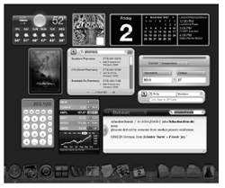 When you summon the Dashboard, you get a fleet of floating miniprograms that convey or convert all kinds of useful information. They appear and disappear all at once, on a tinted translucent sheet that floats in front of all your other windows. You get rid of Dashboard either by pressing the same key again (F12 or whatever) or by clicking anywhere on the screen except on a widget.