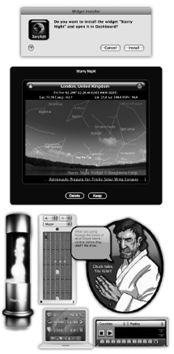 Widgets could, in theory, harbor viruses, so Mac OS X is extremely cautious in downloading them.Top: When you try to download a widget, the Mac asks if you're sure. Middle: After you download a widget and confirm your intention, you meet this test-drive mode for newly downloaded widgets. It's a way to play with new widgets before you actually commit to adding them to your system. Play with the widget, and then click Keep to install it (or Delete, if you think it's evil).Bottom: Not all good things come from Apple. Here's a representative sample of widgets written by other people. From top left: Plasma Tube, Guitar Chords, Chuck Norris Facts, World Radio, and MiniStat 2 (details about your Mac at the moment).