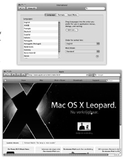 Top: This is the list of the 19 "system localizations" that you get with a standard Mac OS X installation.Bottom: Here's Safari running in Dutch. Actually understanding Dutch would be useful at a time like this—but even if you don't, it can't help but brighten up your work day to choose commands like Spraakfunctie or Knip. (Alas, your success with this trick varies by program.)