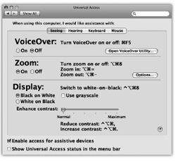 You'll be amazed at just how much you can zoom in to the Mac's screen using this Universal Access pane. In fact, there's nothing to stop you from zooming in so far that a single pixel fills the entire monitor. (That may not be especially useful for people with limited vision, but it can be handy for graphic designers learning how to reproduce a certain icon, dot by dot.)