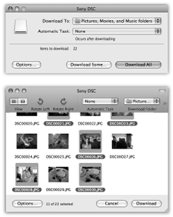 Top: You can set up Image Capture to open automatically when you attach a USB camera to your Mac. One click (on Download All) transfers its pictures to your hard drive. Bottom:If you click Download Some, you get this "slide-sorter" window, where you can choose the individual pictures you want to download, rotate selected shots (using the buttons at the top), or delete shots from the camera. In slide-sorter view, Shift-click the thumbnails of the individual pictures you want. In list view, Shiftclick or ⌘-click as though they're Finder list-view files.