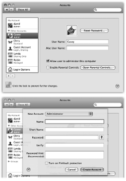 Top: The screen lists everyone who has an account. From here, you can create new accounts or change passwords. If you're new at this, there's probably just one account listed here: yours. This is the account that Mac OS X created when you first installed it. You, the all-wise administrator, have to click the to authenticate yourself before you can start making changes.Bottom: In the revamped Leopard account-creation process, the first step is choosing which type of account you want to create.