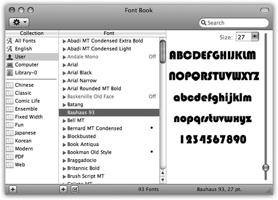 Each account holder can have a separate set of fonts; your set is represented by the User icon. You can drag fonts and font families between the various Fonts folders represented here— from your User account folder to the Computer icon, for example, making it available to all account holders.