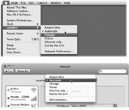 The Location feature lets you switch from one "location" to another just by choosing its name— either from the menu (top) or from this pop-up menu in System Preferences (bottom).The Automatic location just means "the standard, default one you originally set up." (Don't be fooled: Despite its name, Automatic isn't the only location that offers multihoming, described earlier in this chapter.)