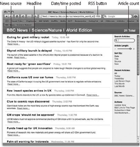 The Length slider controls how much text appears for each RSS blurb; if you drag it all the way to the left, you're left with nothing but headlines. To change the number and order of the articles being displayed, use the search options on the right. And if you feel a sudden desire to tell your friends about an amazing RSS feed you've just discovered, use the "Mail Link to This Page" link in the lower-right section of the window.