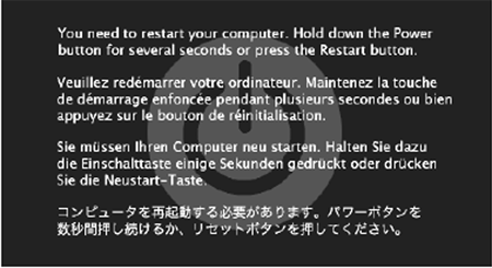 A kernel panic is almost always related to some piece of add-on hardware. And look at the bright side: At least you get this handsome dialog box in Leopard. That's a lot better than the Mac OS X 10.0 and 10.1 effect—random text gibberish super-imposing itself on your screen.