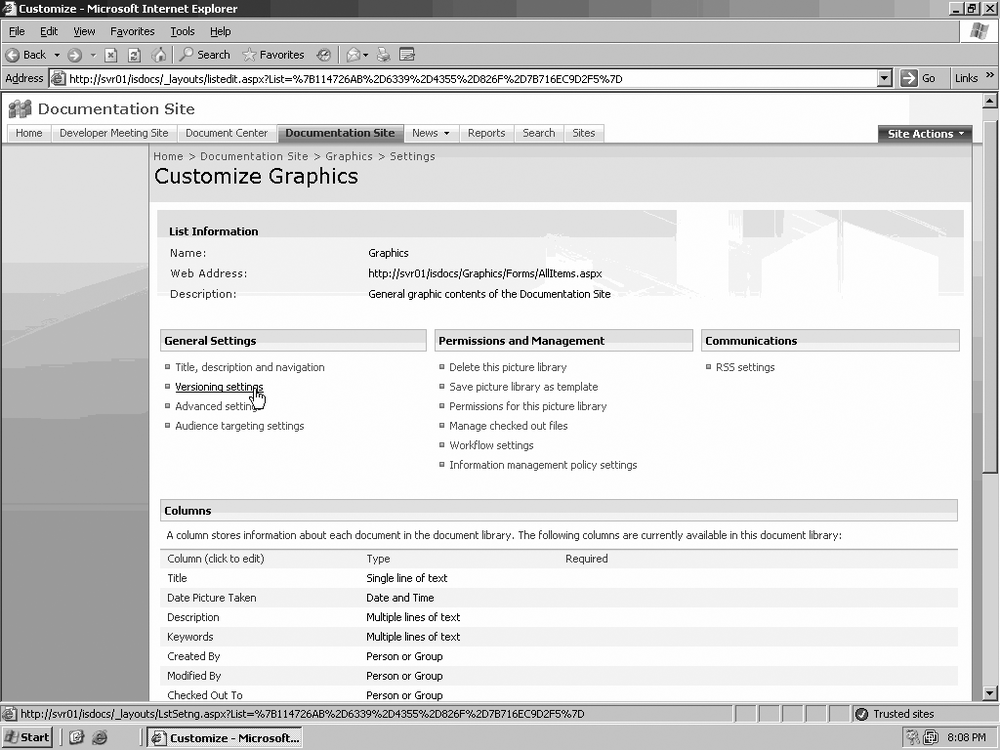 Modifying the versioning settings for a picture library