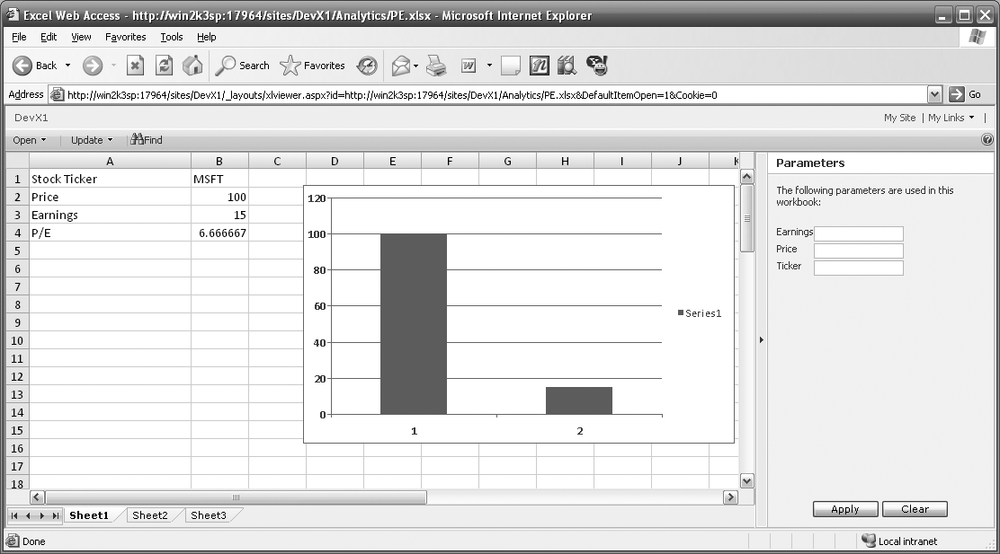 An Excel workbook open in an Excel Web Access Web Part