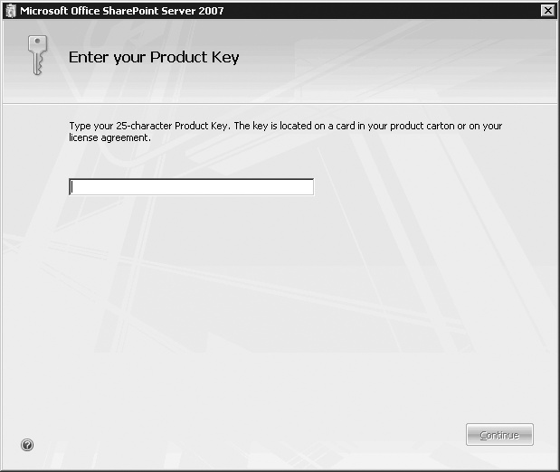 Office SharePoint Server 2007 Product Key installation page