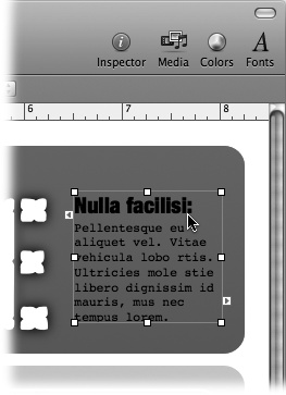 Clicking once on a text box selects the entire text box, allowing you to drag it to a new location or resize it by grabbing one of the eight square handles on the box around the selection. Click again inside the text to edit it, and click anywhere outside the box to deselect it. For more about selecting and editing text boxes, see .