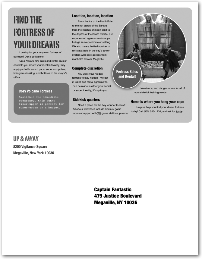 The Mailer layout in the newsletter templates features content on the top half of the page and ample space for address info on the bottom half. After you print your newsletter, you can staple it in half, address it, and it’s ready for the mailman.