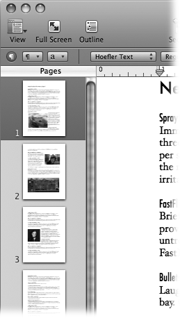 In thumbnail view, the Pages sidebar shows your document’s pages in miniature. Choose View → Page Thumbnails to show or hide the Pages sidebar, and click a thumbnail image to jump to the corresponding page in your document.